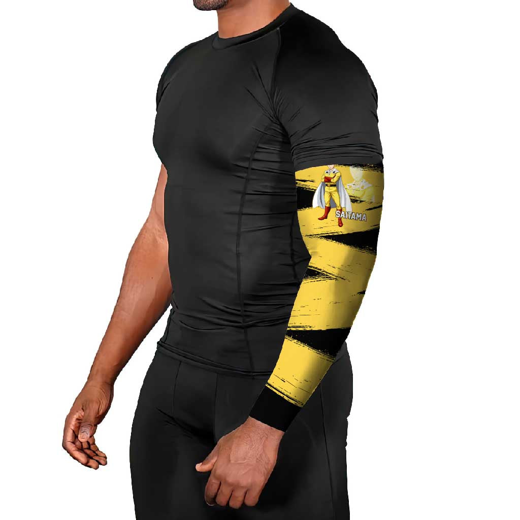 Saitama One Punch Man Anime Yellow and Black Theme Arm Sleeves with Heroic Pose and Dynamic Brushstroke Background - The Mazicc