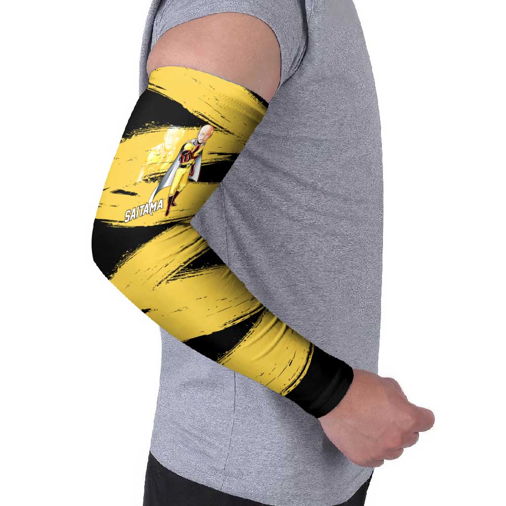 Saitama One Punch Man Anime Yellow and Black Theme Arm Sleeves with Heroic Pose and Dynamic Brushstroke Background - The Mazicc