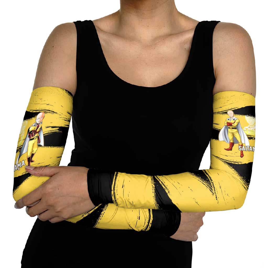 Saitama One Punch Man Anime Yellow and Black Theme Arm Sleeves with Heroic Pose and Dynamic Brushstroke Background - The Mazicc