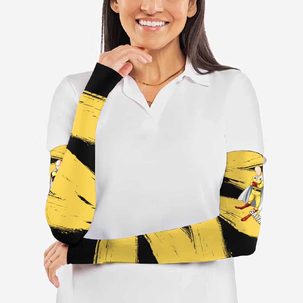 Saitama One Punch Man Anime Yellow and Black Theme Arm Sleeves with Heroic Pose and Dynamic Brushstroke Background - The Mazicc