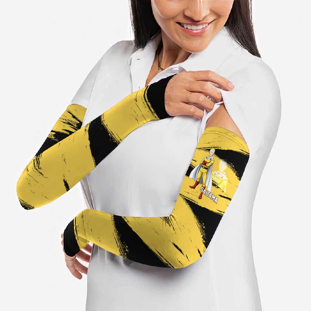 Saitama One Punch Man Anime Yellow and Black Theme Arm Sleeves with Heroic Pose and Dynamic Brushstroke Background - The Mazicc