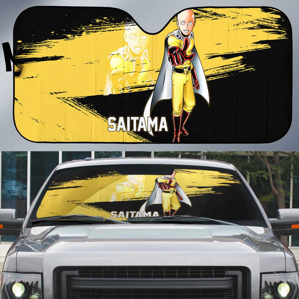 Saitama One Punch Man Anime Yellow and Black Theme Auto Sun Shade with Heroic Pose and Dynamic Brushstroke Background - The Mazicc