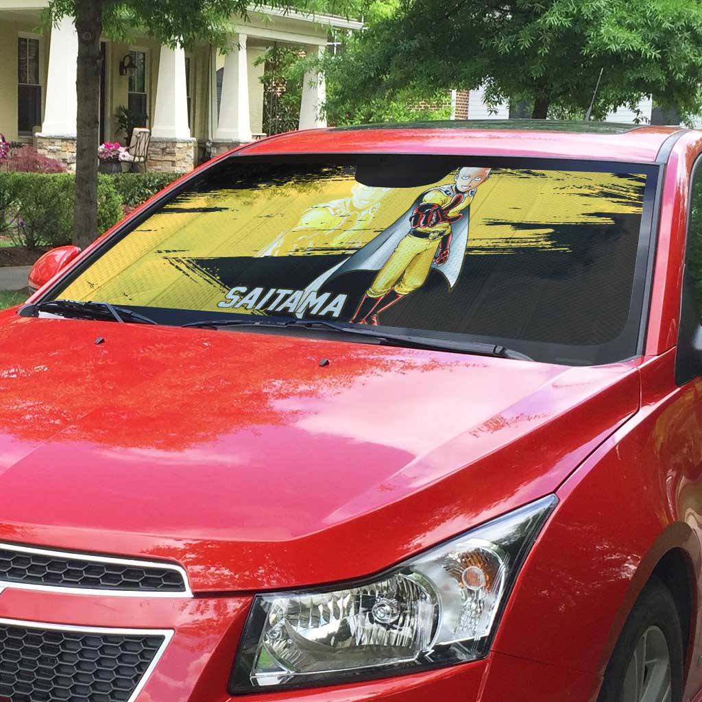 Saitama One Punch Man Anime Yellow and Black Theme Auto Sun Shade with Heroic Pose and Dynamic Brushstroke Background - The Mazicc