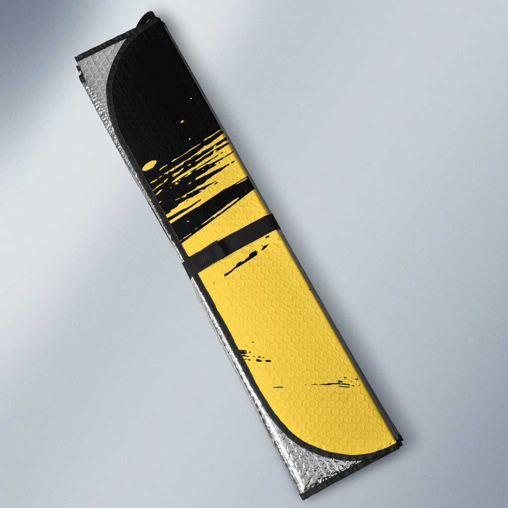 Saitama One Punch Man Anime Yellow and Black Theme Auto Sun Shade with Heroic Pose and Dynamic Brushstroke Background - The Mazicc