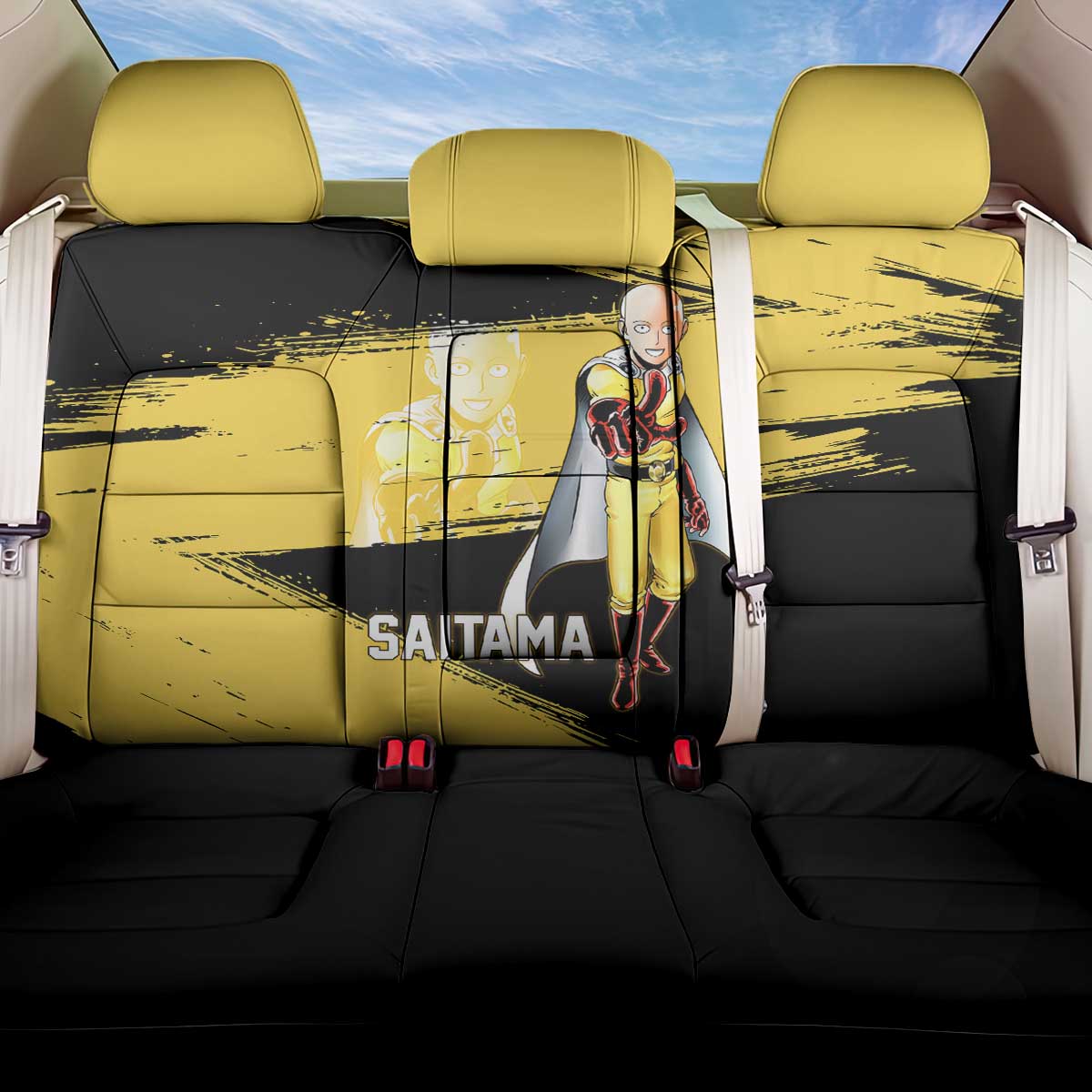 Saitama One Punch Man Anime Yellow and Black Theme Back Car Seat Cover with Heroic Pose and Dynamic Brushstroke Background - The Mazicc