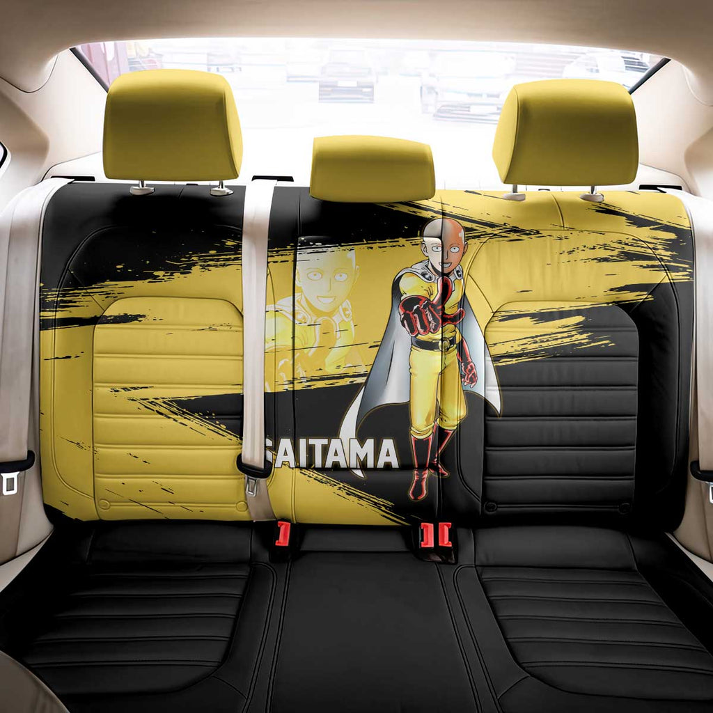 Saitama One Punch Man Anime Yellow and Black Theme Back Car Seat Cover with Heroic Pose and Dynamic Brushstroke Background - The Mazicc