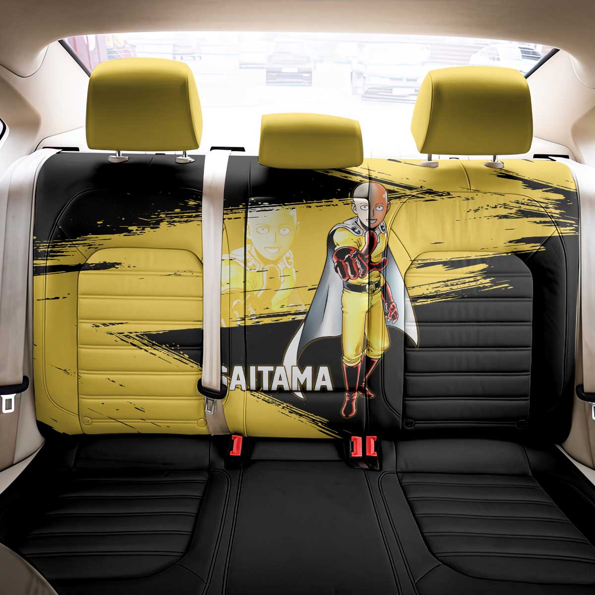 Saitama One Punch Man Anime Yellow and Black Theme Back Car Seat Cover with Heroic Pose and Dynamic Brushstroke Background - The Mazicc