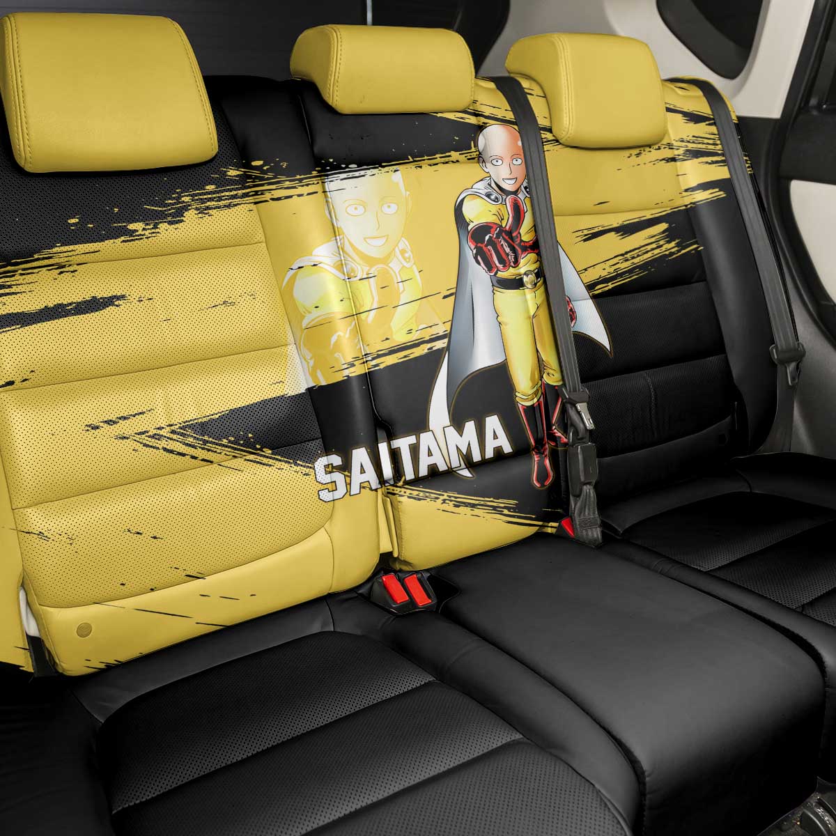Saitama One Punch Man Anime Yellow and Black Theme Back Car Seat Cover with Heroic Pose and Dynamic Brushstroke Background - The Mazicc