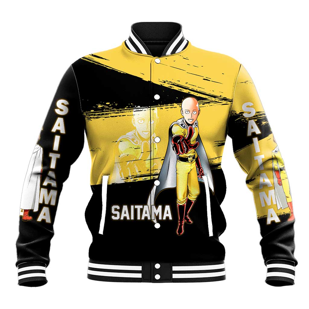 Saitama One Punch Man Anime Yellow and Black Theme Baseball Jacket with Heroic Pose and Dynamic Brushstroke Background - The Mazicc