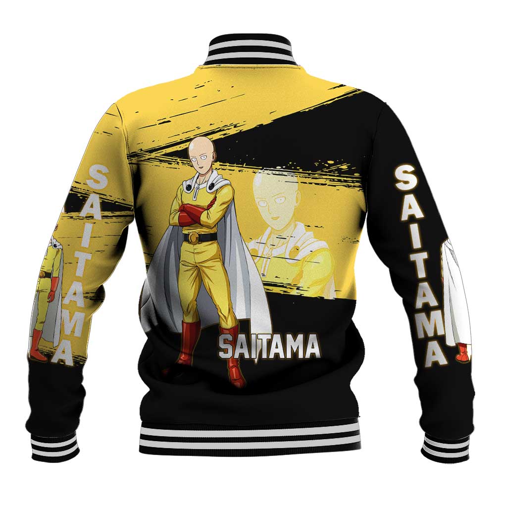Saitama One Punch Man Anime Yellow and Black Theme Baseball Jacket with Heroic Pose and Dynamic Brushstroke Background - The Mazicc