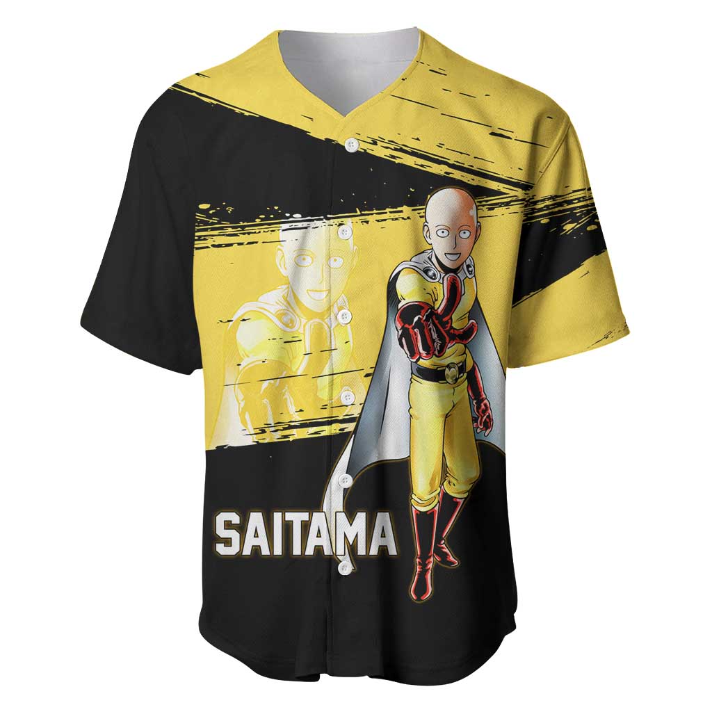 Saitama One Punch Man Anime Yellow and Black Theme Baseball Jersey with Heroic Pose and Dynamic Brushstroke Background - The Mazicc