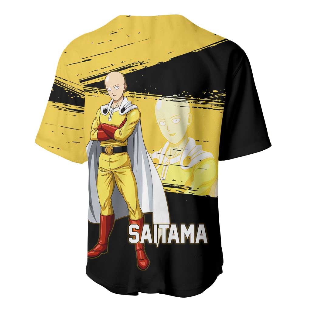 Saitama One Punch Man Anime Yellow and Black Theme Baseball Jersey with Heroic Pose and Dynamic Brushstroke Background - The Mazicc