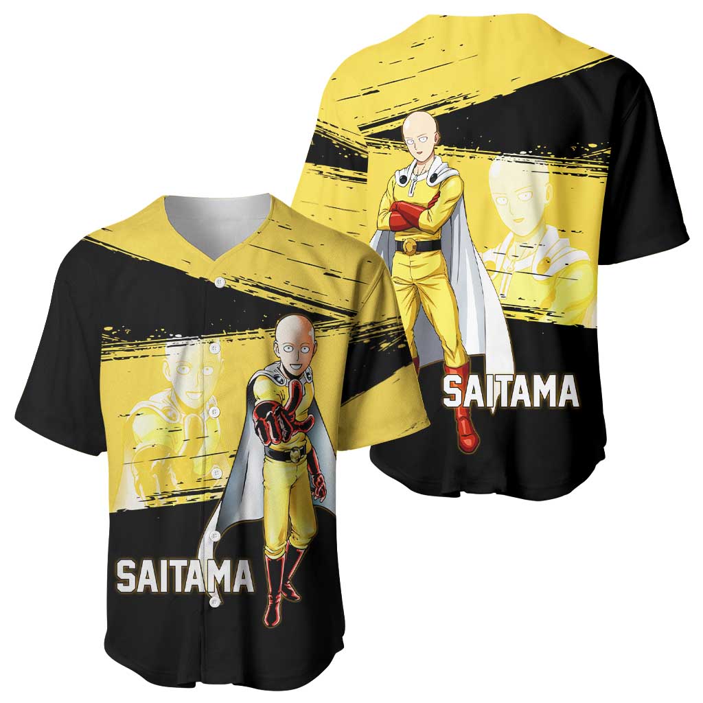 Saitama One Punch Man Anime Yellow and Black Theme Baseball Jersey with Heroic Pose and Dynamic Brushstroke Background - The Mazicc