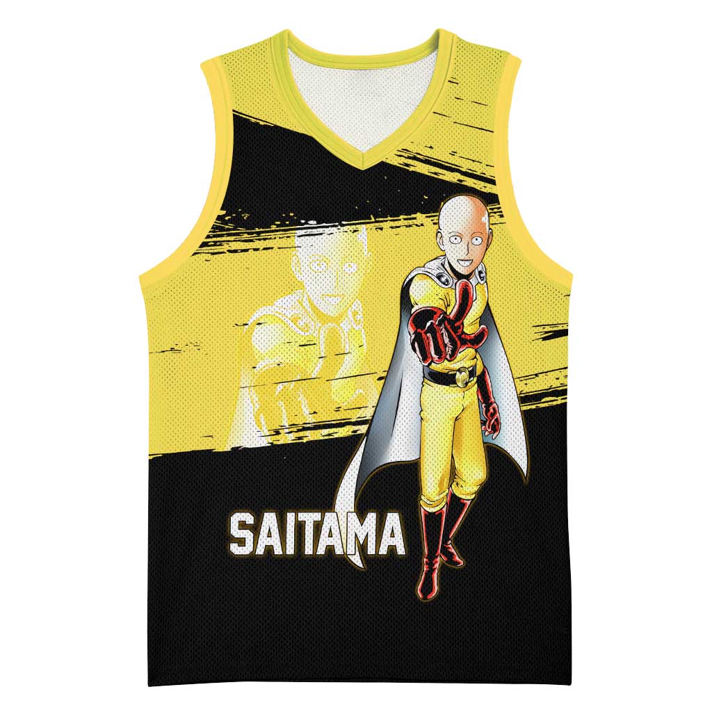 Saitama One Punch Man Anime Yellow and Black Theme Basketball Jersey with Heroic Pose and Dynamic Brushstroke Background - The Mazicc