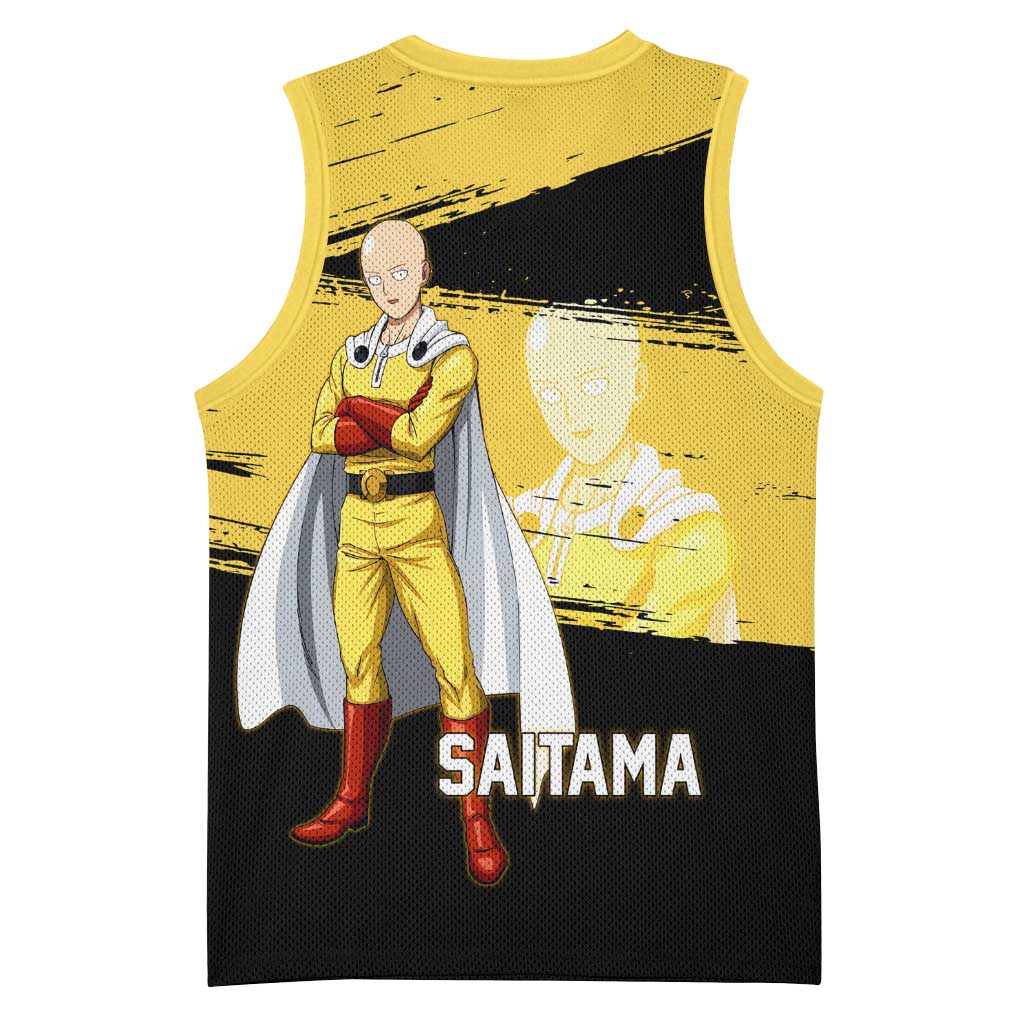 Saitama One Punch Man Anime Yellow and Black Theme Basketball Jersey with Heroic Pose and Dynamic Brushstroke Background - The Mazicc