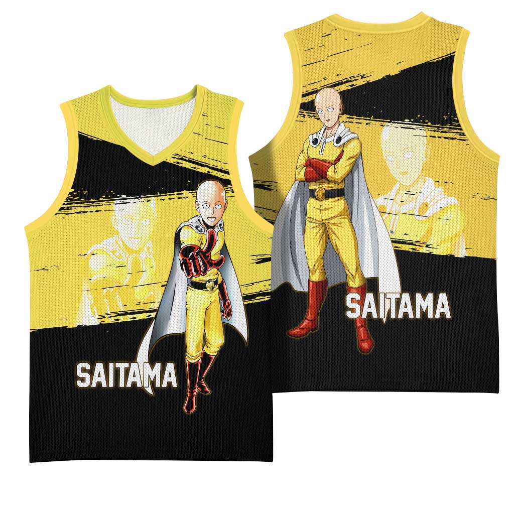 Saitama One Punch Man Anime Yellow and Black Theme Basketball Jersey with Heroic Pose and Dynamic Brushstroke Background - The Mazicc