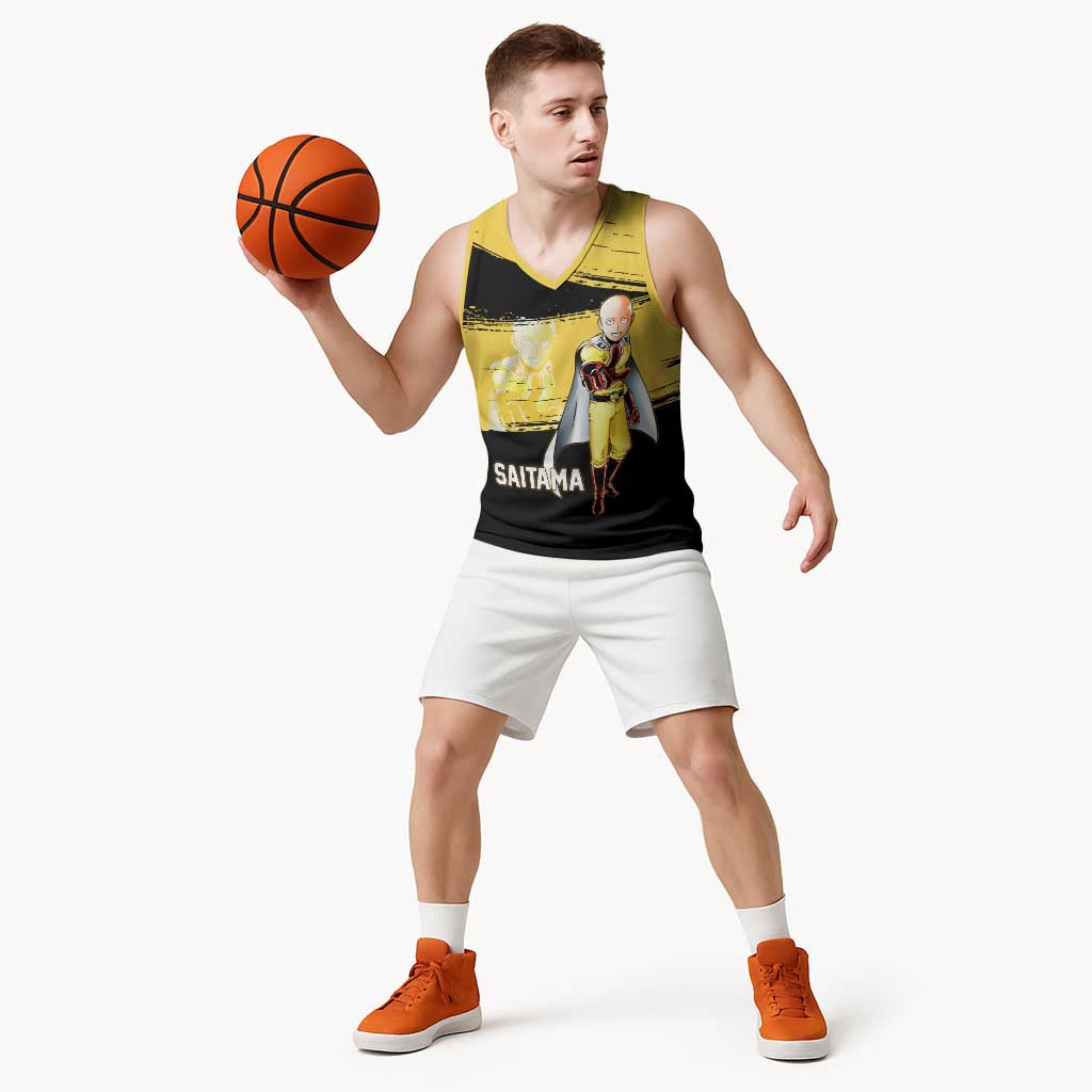 Saitama One Punch Man Anime Yellow and Black Theme Basketball Jersey with Heroic Pose and Dynamic Brushstroke Background - The Mazicc