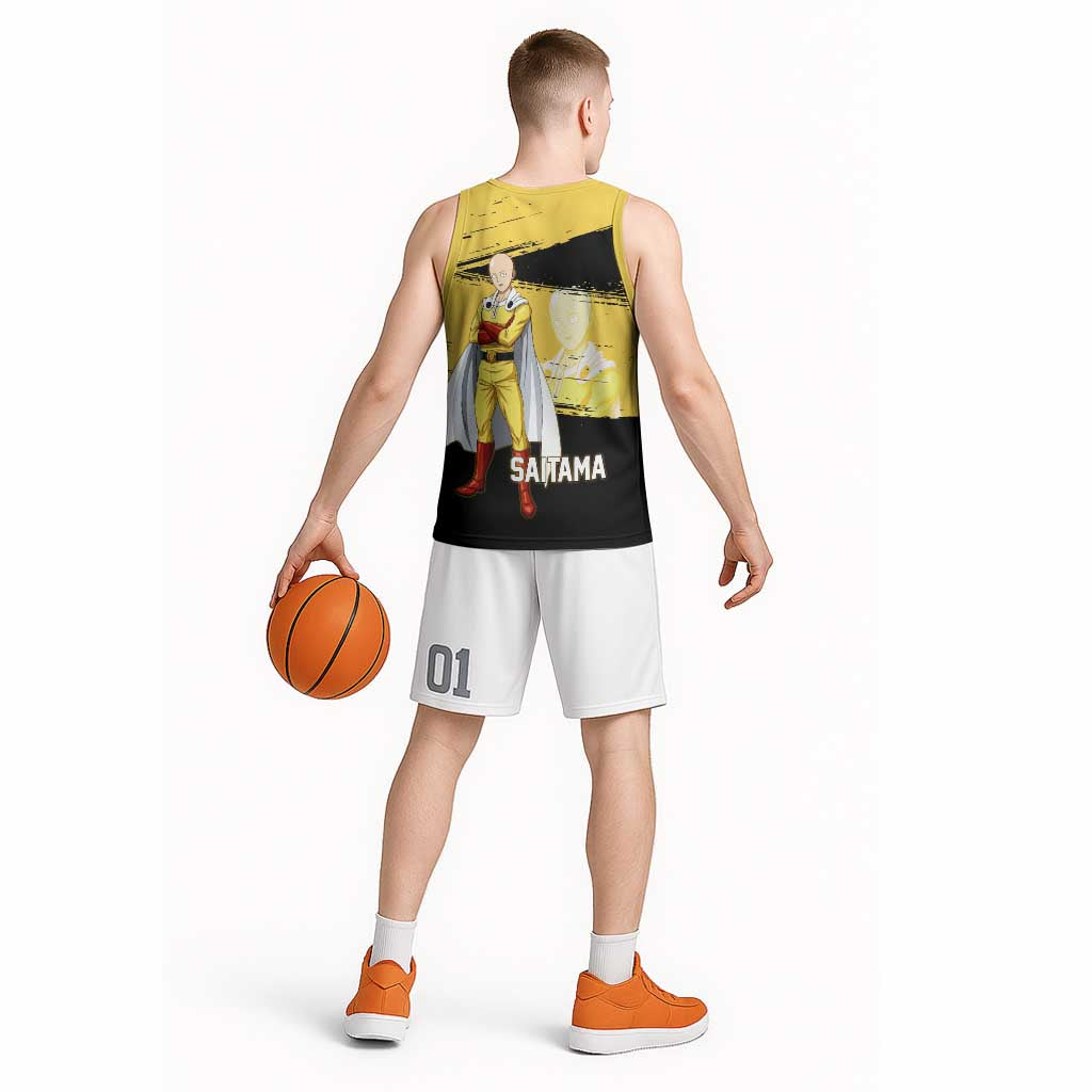Saitama One Punch Man Anime Yellow and Black Theme Basketball Jersey with Heroic Pose and Dynamic Brushstroke Background - The Mazicc