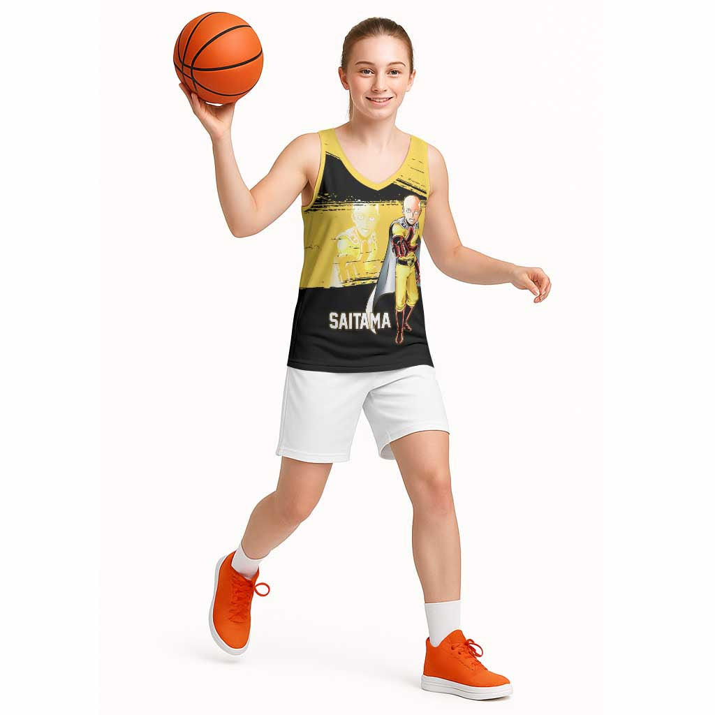 Saitama One Punch Man Anime Yellow and Black Theme Basketball Jersey with Heroic Pose and Dynamic Brushstroke Background - The Mazicc