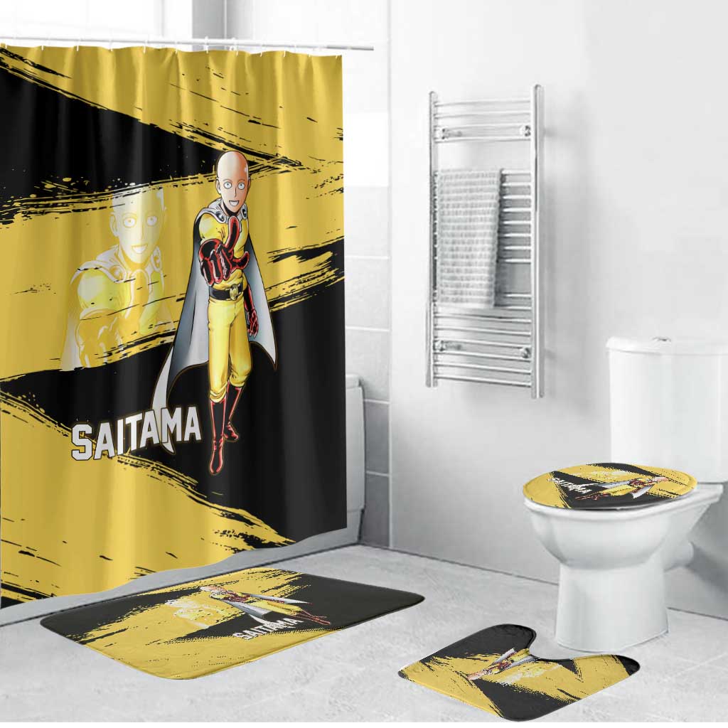 Saitama One Punch Man Anime Yellow and Black Theme Bathroom Set with Heroic Pose and Dynamic Brushstroke Background - The Mazicc