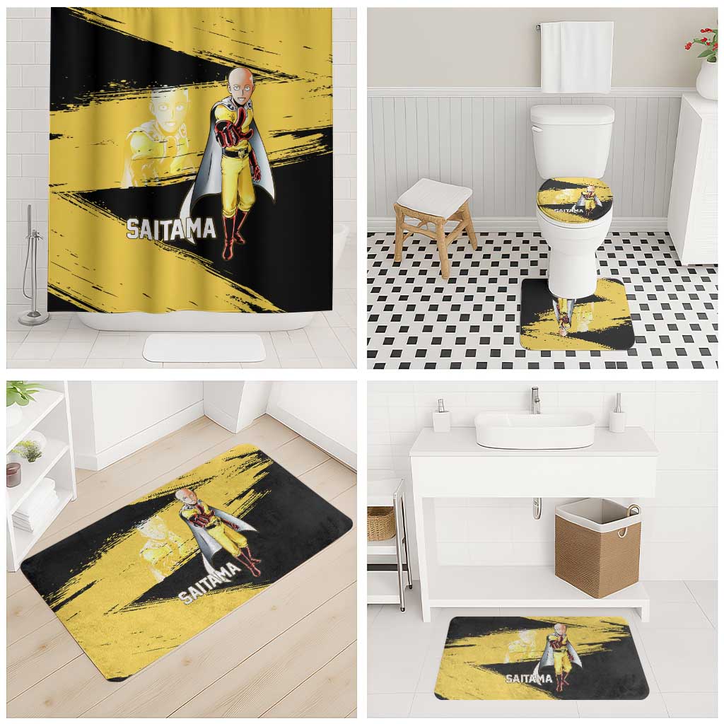 Saitama One Punch Man Anime Yellow and Black Theme Bathroom Set with Heroic Pose and Dynamic Brushstroke Background - The Mazicc