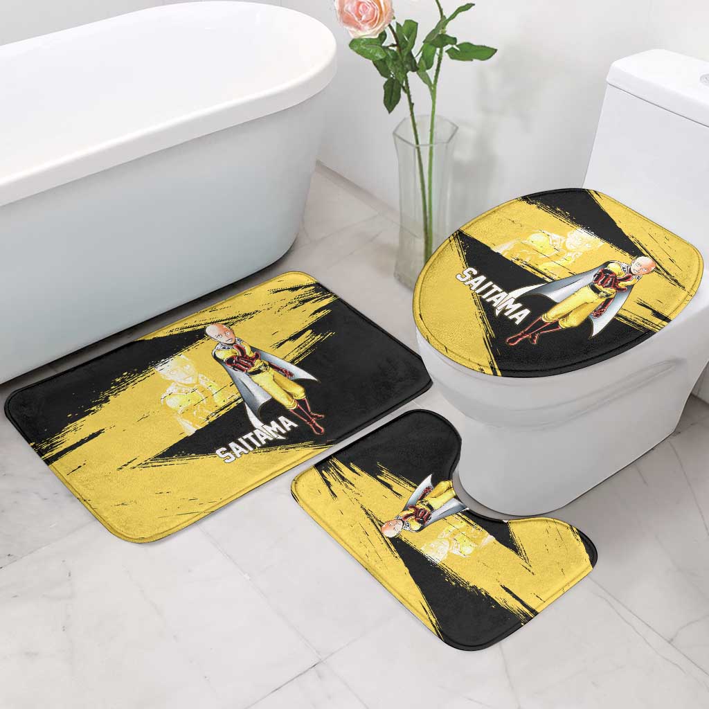 Saitama One Punch Man Anime Yellow and Black Theme Bathroom Set with Heroic Pose and Dynamic Brushstroke Background - The Mazicc