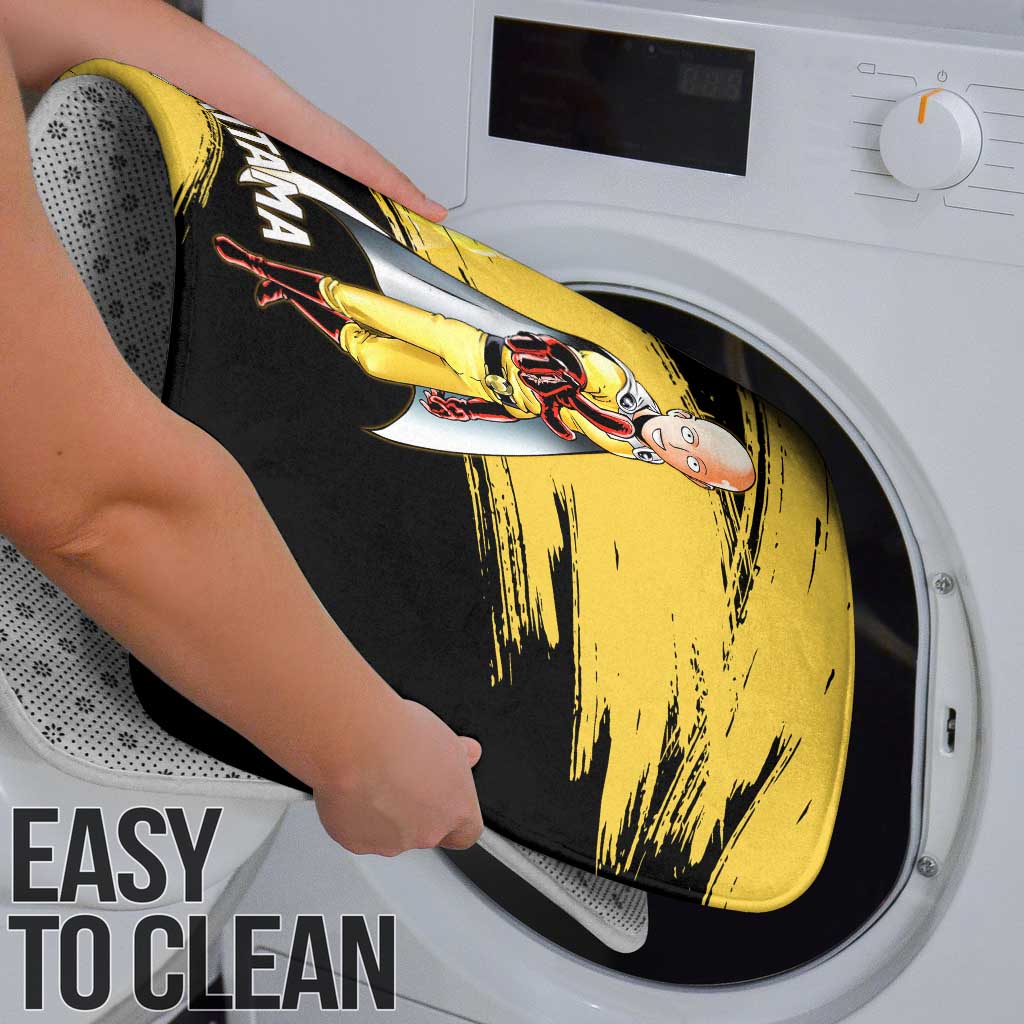 Saitama One Punch Man Anime Yellow and Black Theme Bathroom Set with Heroic Pose and Dynamic Brushstroke Background - The Mazicc