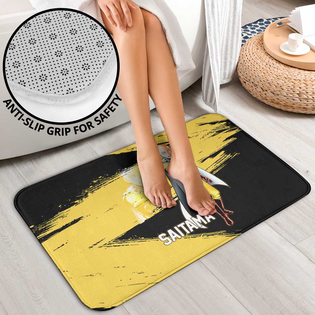 Saitama One Punch Man Anime Yellow and Black Theme Bathroom Set with Heroic Pose and Dynamic Brushstroke Background - The Mazicc