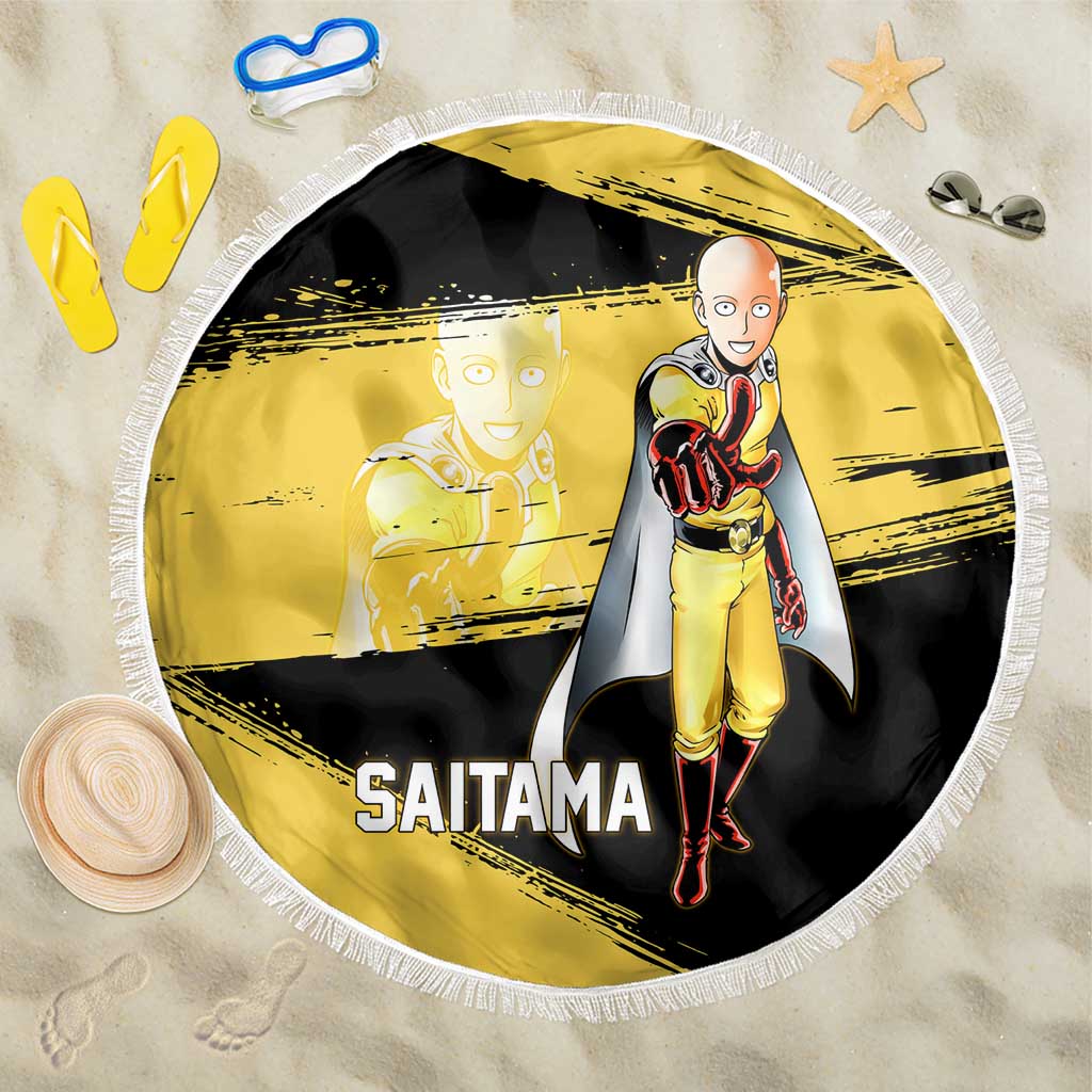 Saitama One Punch Man Anime Yellow and Black Theme Beach Blanket with Heroic Pose and Dynamic Brushstroke Background - The Mazicc