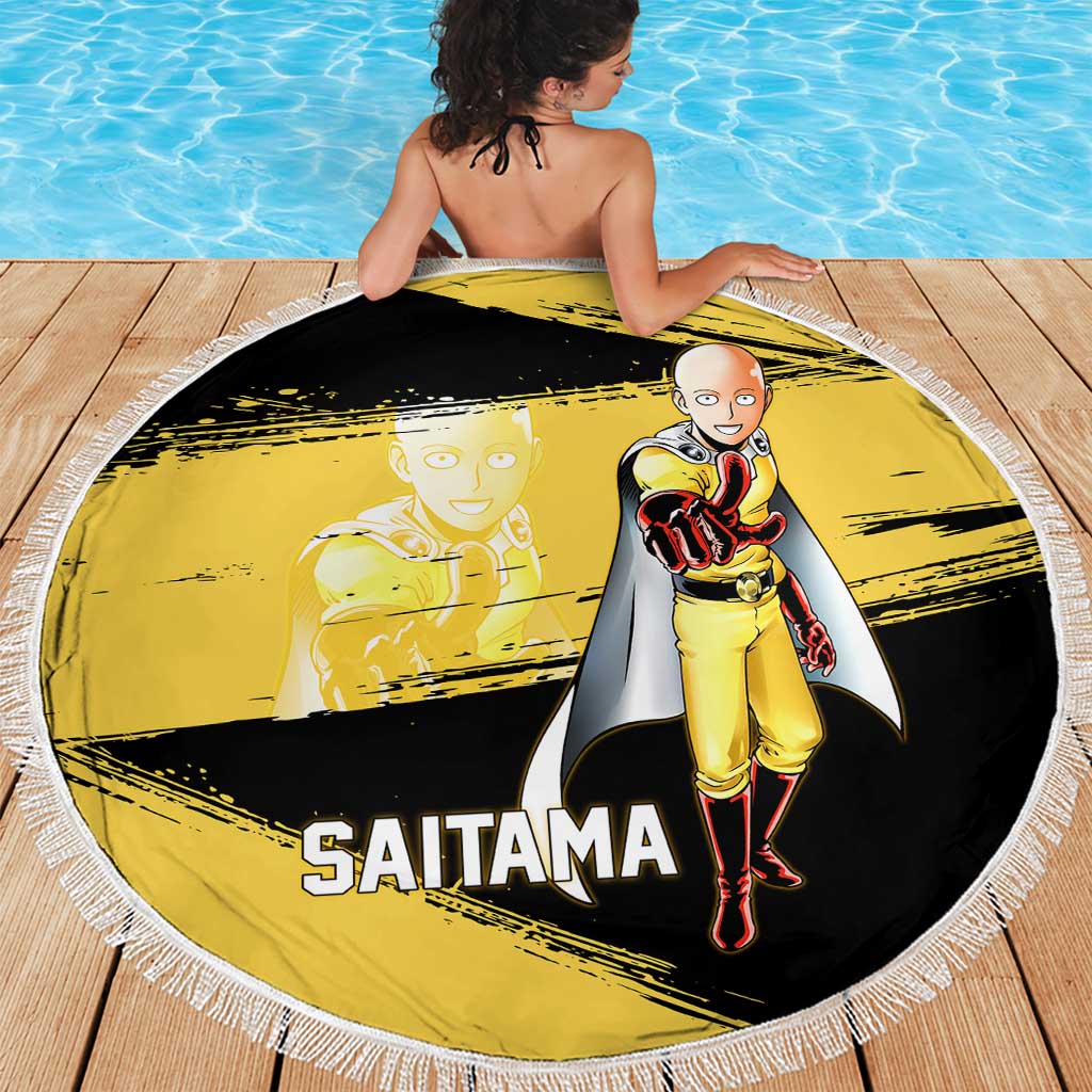 Saitama One Punch Man Anime Yellow and Black Theme Beach Blanket with Heroic Pose and Dynamic Brushstroke Background - The Mazicc