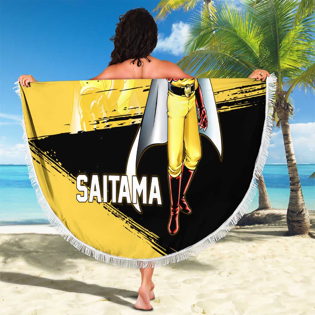 Saitama One Punch Man Anime Yellow and Black Theme Beach Blanket with Heroic Pose and Dynamic Brushstroke Background - The Mazicc