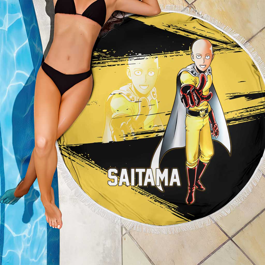 Saitama One Punch Man Anime Yellow and Black Theme Beach Blanket with Heroic Pose and Dynamic Brushstroke Background - The Mazicc