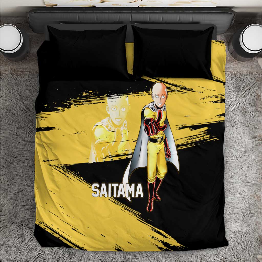 Saitama One Punch Man Anime Yellow and Black Theme Bedding Set with Heroic Pose and Dynamic Brushstroke Background - The Mazicc