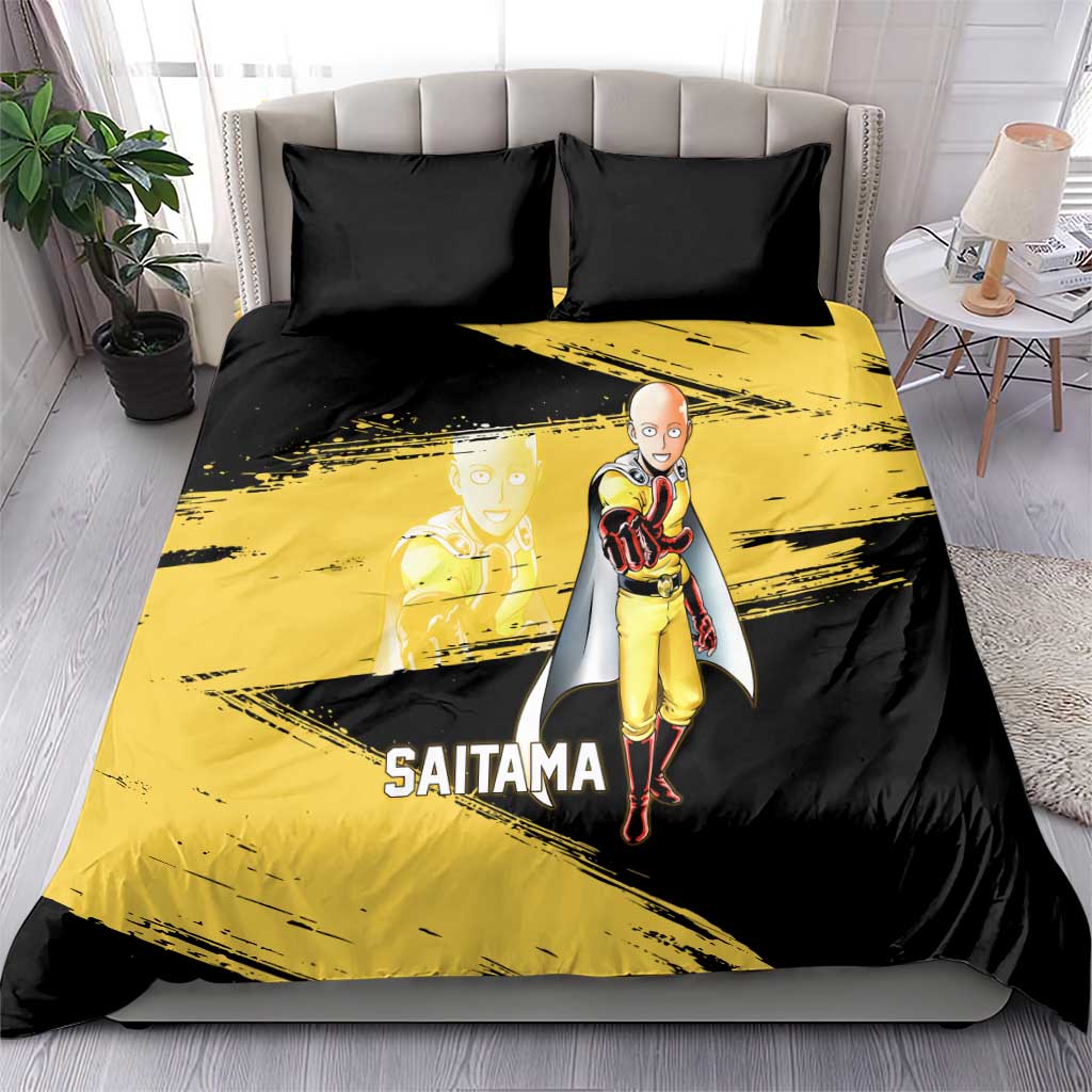 Saitama One Punch Man Anime Yellow and Black Theme Bedding Set with Heroic Pose and Dynamic Brushstroke Background - The Mazicc