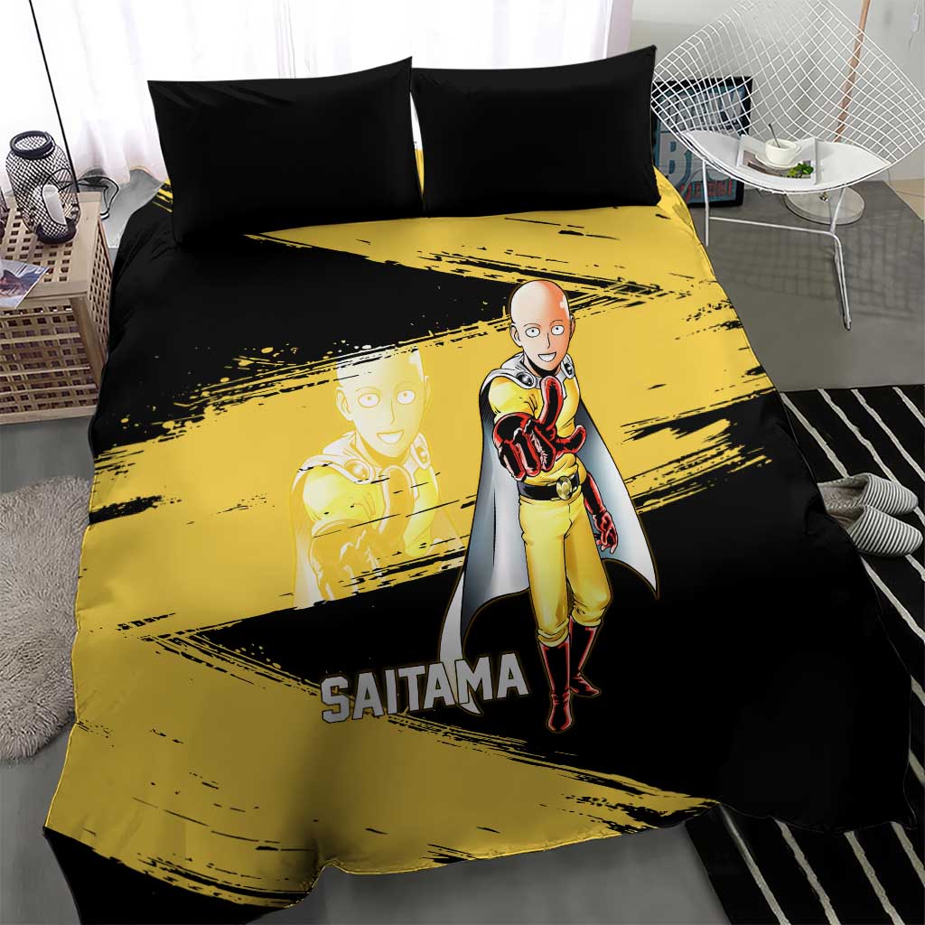 Saitama One Punch Man Anime Yellow and Black Theme Bedding Set with Heroic Pose and Dynamic Brushstroke Background - The Mazicc