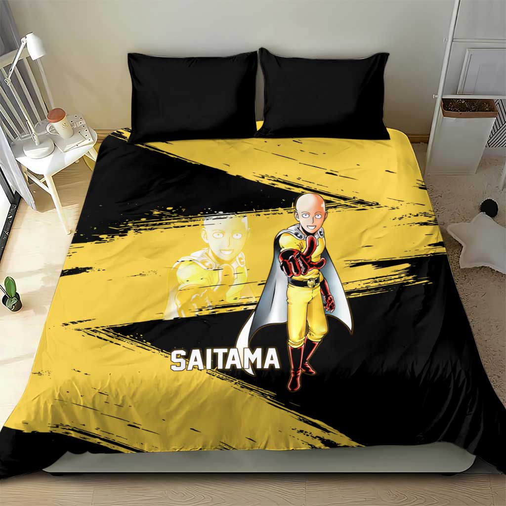 Saitama One Punch Man Anime Yellow and Black Theme Bedding Set with Heroic Pose and Dynamic Brushstroke Background - The Mazicc