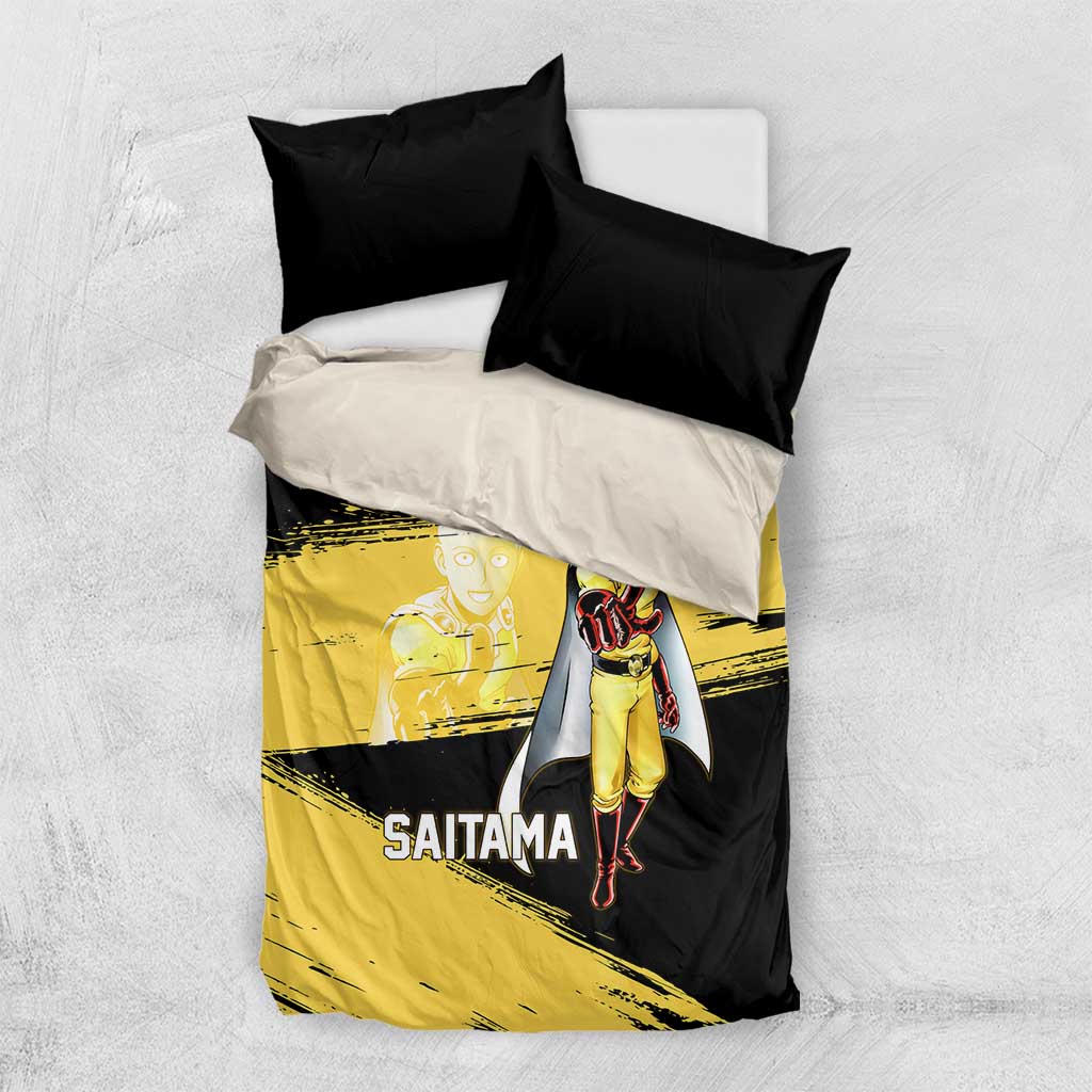 Saitama One Punch Man Anime Yellow and Black Theme Bedding Set with Heroic Pose and Dynamic Brushstroke Background - The Mazicc