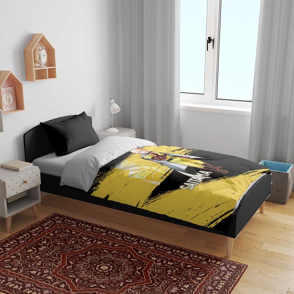 Saitama One Punch Man Anime Yellow and Black Theme Bedding Set with Heroic Pose and Dynamic Brushstroke Background - The Mazicc