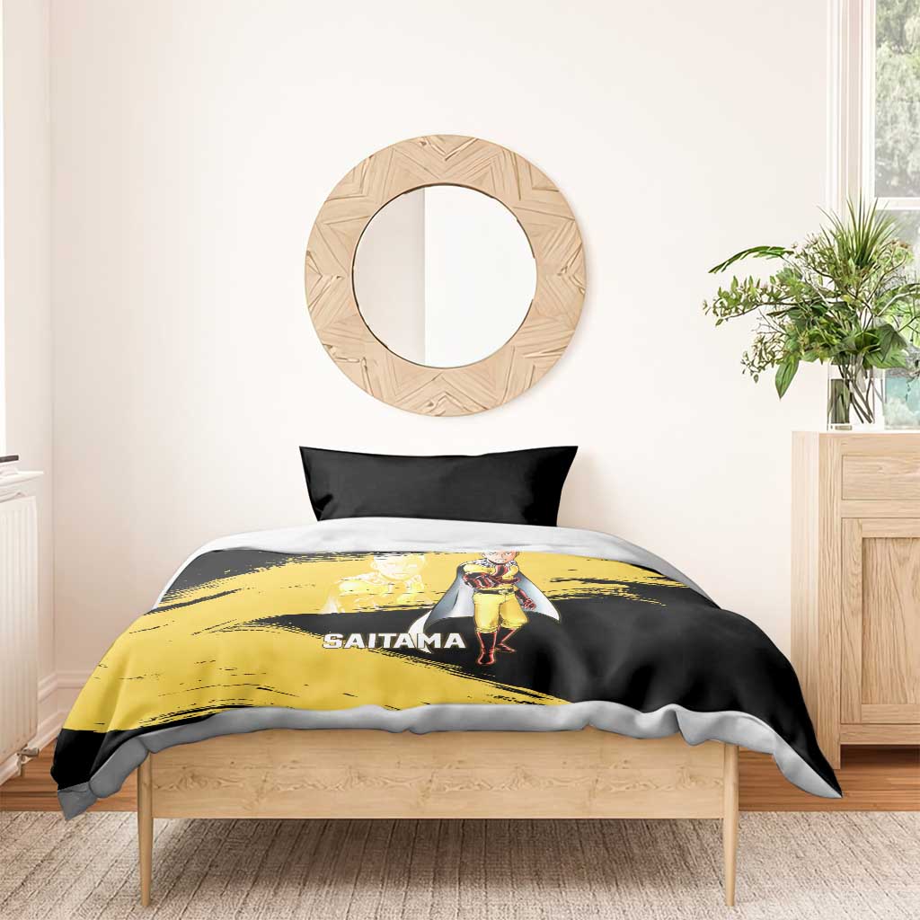 Saitama One Punch Man Anime Yellow and Black Theme Bedding Set with Heroic Pose and Dynamic Brushstroke Background - The Mazicc