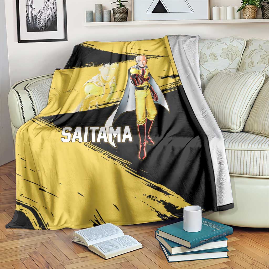 Saitama One Punch Man Anime Yellow and Black Theme Blanket with Heroic Pose and Dynamic Brushstroke Background - The Mazicc