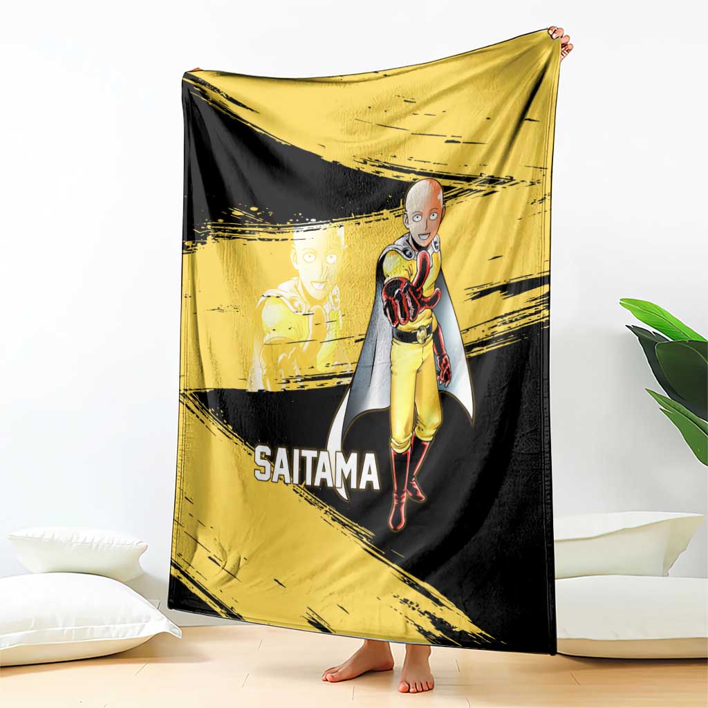Saitama One Punch Man Anime Yellow and Black Theme Blanket with Heroic Pose and Dynamic Brushstroke Background - The Mazicc