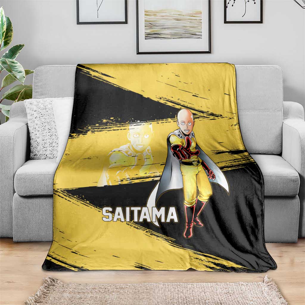 Saitama One Punch Man Anime Yellow and Black Theme Blanket with Heroic Pose and Dynamic Brushstroke Background - The Mazicc