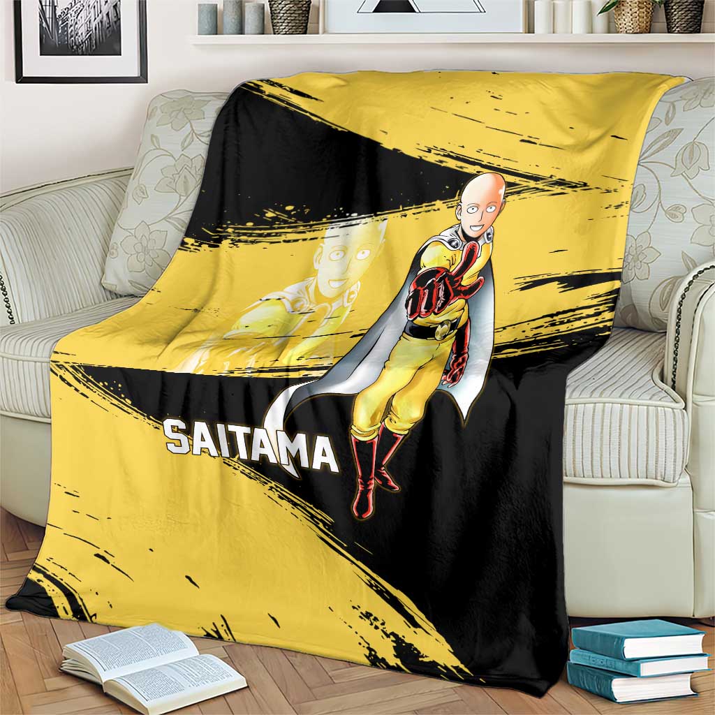 Saitama One Punch Man Anime Yellow and Black Theme Blanket with Heroic Pose and Dynamic Brushstroke Background - The Mazicc