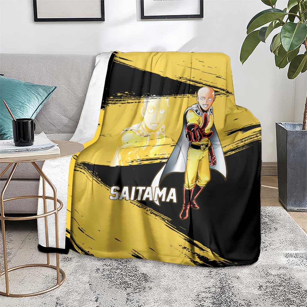 Saitama One Punch Man Anime Yellow and Black Theme Blanket with Heroic Pose and Dynamic Brushstroke Background - The Mazicc