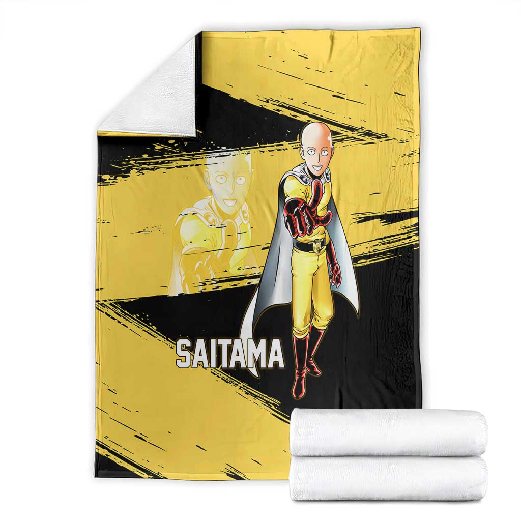 Saitama One Punch Man Anime Yellow and Black Theme Blanket with Heroic Pose and Dynamic Brushstroke Background - The Mazicc
