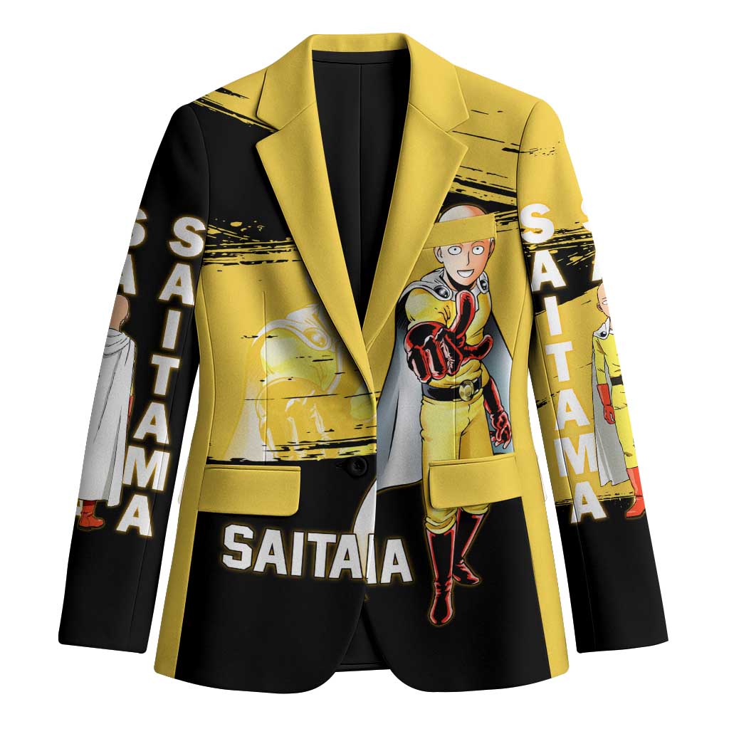 Saitama One Punch Man Anime Yellow and Black Theme Blazer with Heroic Pose and Dynamic Brushstroke Background - The Mazicc