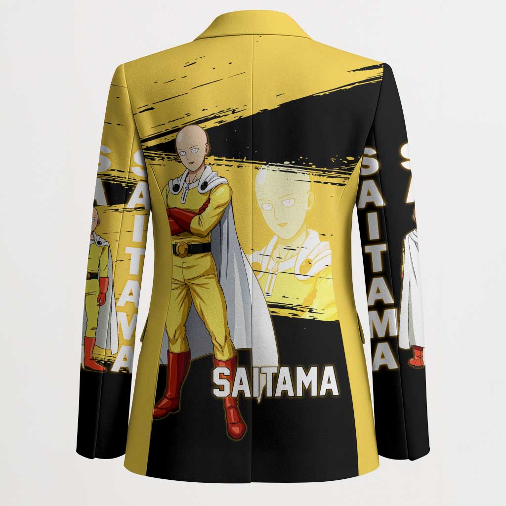 Saitama One Punch Man Anime Yellow and Black Theme Blazer with Heroic Pose and Dynamic Brushstroke Background - The Mazicc