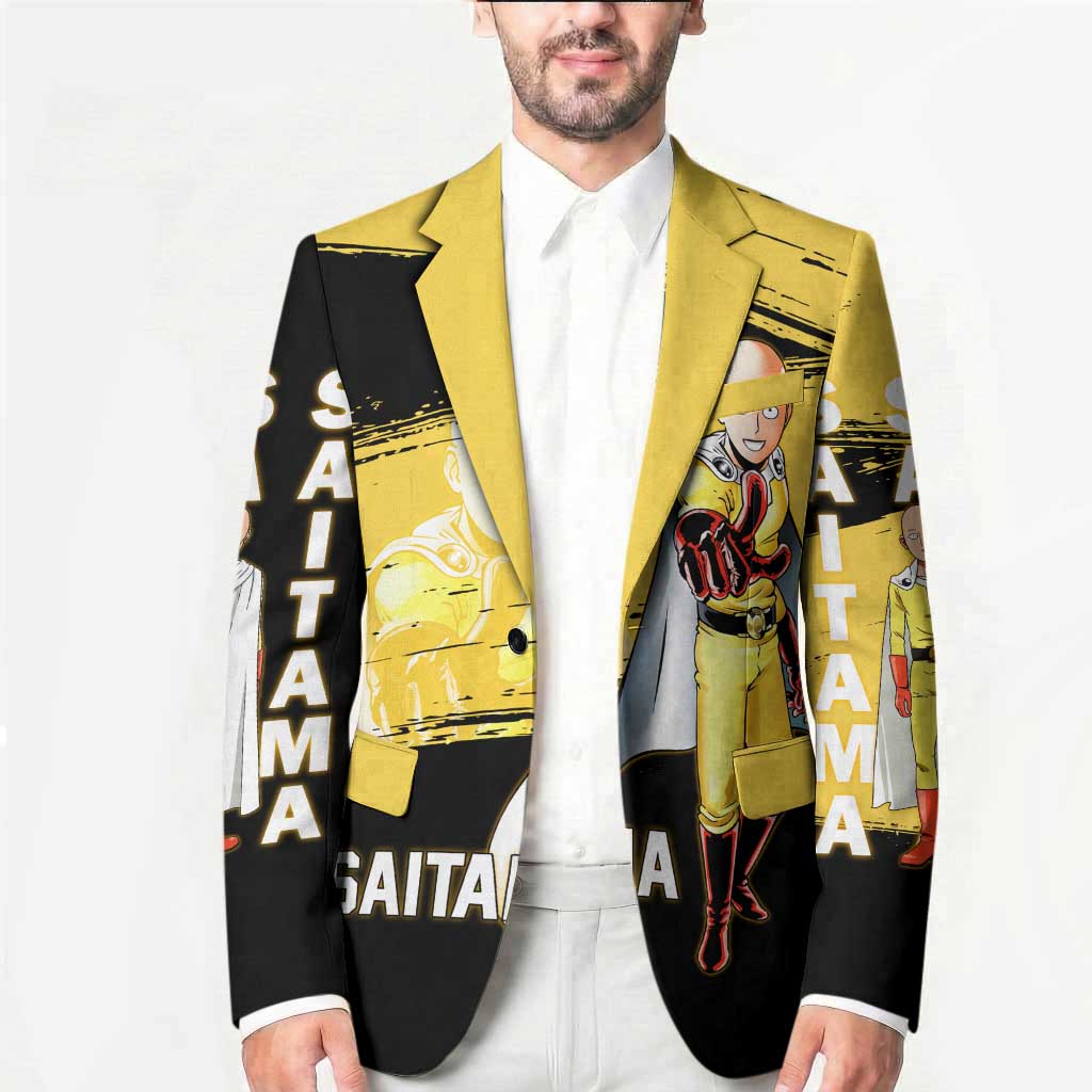 Saitama One Punch Man Anime Yellow and Black Theme Blazer with Heroic Pose and Dynamic Brushstroke Background - The Mazicc