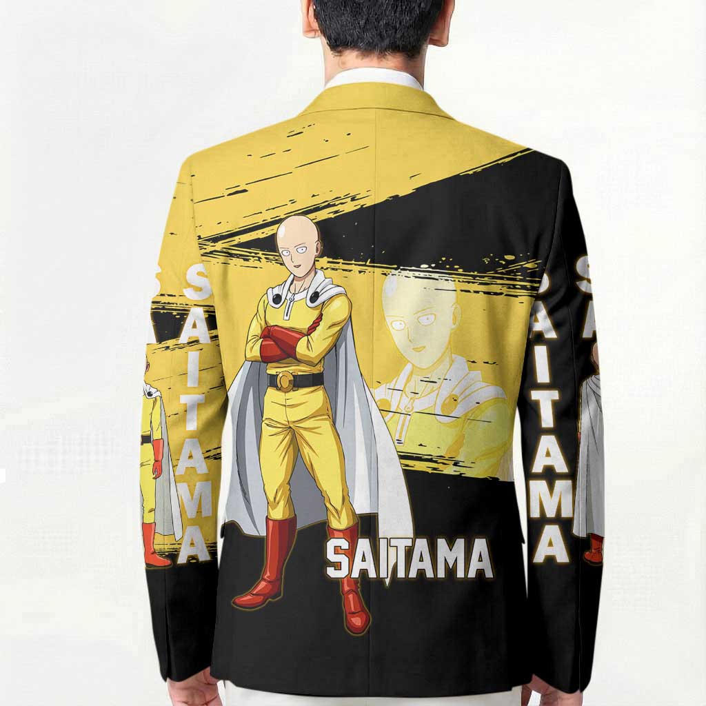 Saitama One Punch Man Anime Yellow and Black Theme Blazer with Heroic Pose and Dynamic Brushstroke Background - The Mazicc