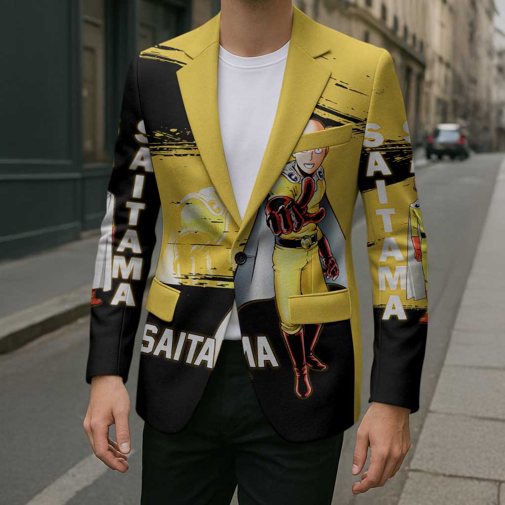 Saitama One Punch Man Anime Yellow and Black Theme Blazer with Heroic Pose and Dynamic Brushstroke Background - The Mazicc